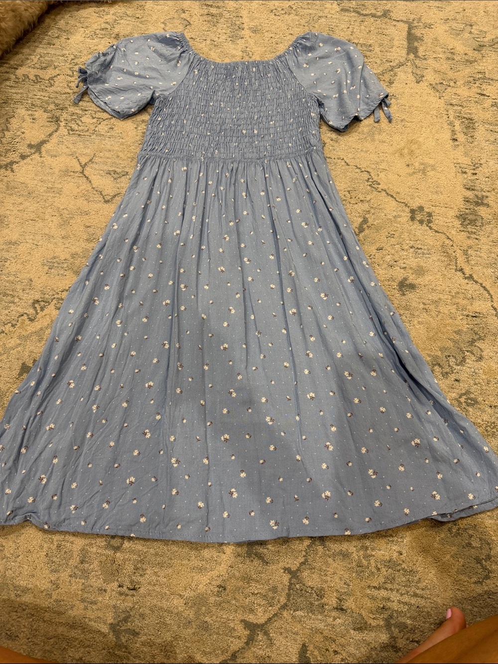 Girls Blue Floral Smocked Midi Dress with Puff Sleeves